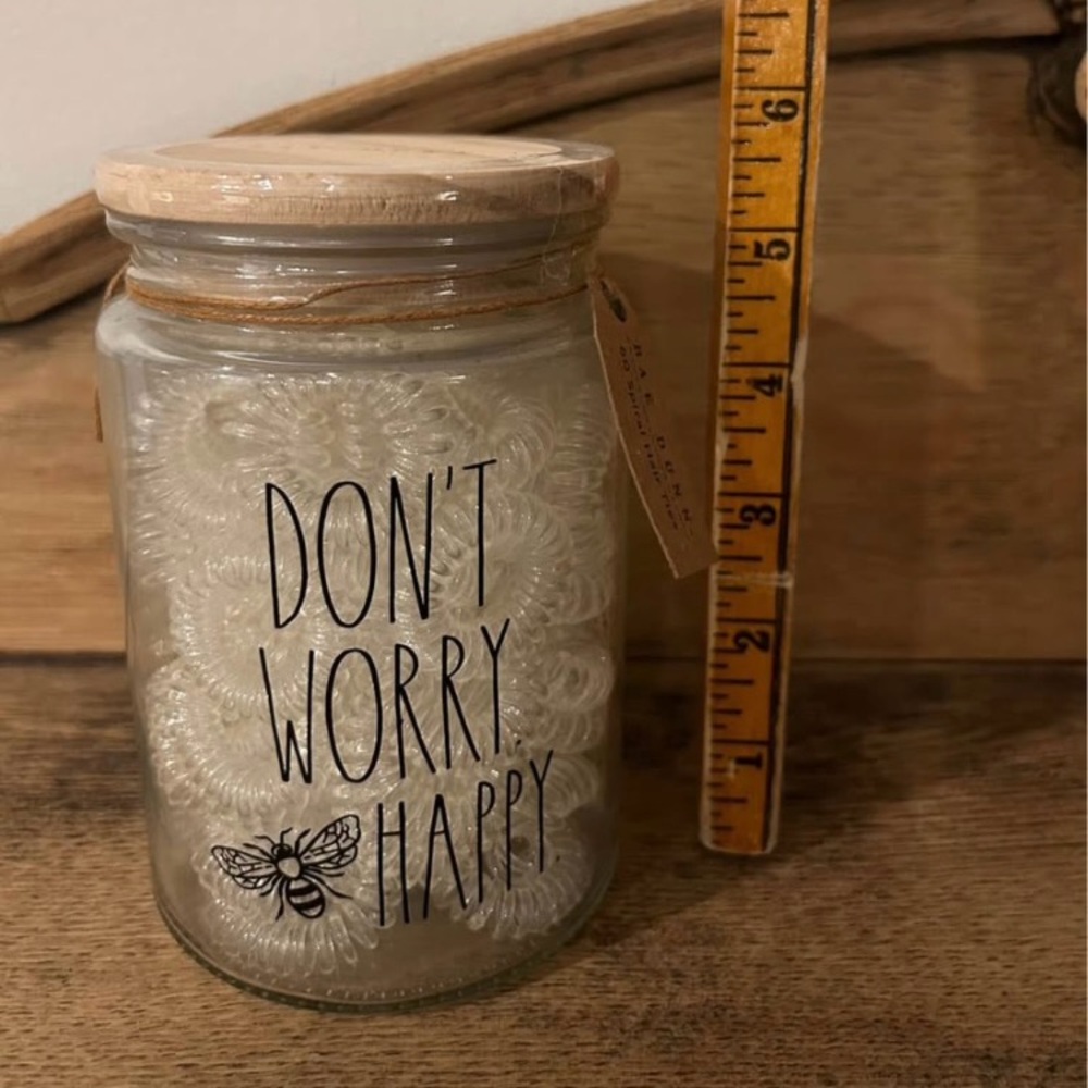 Rae Dunn Don't Worry Bee Happy Clear Hair Ties Jar
